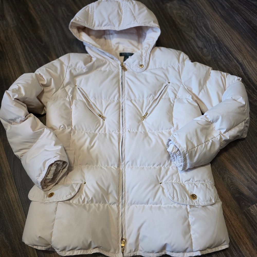 Lauren Ralph Lauren Womens Cream Quilted Down Puffer Jacket Hooded Gold Zip L